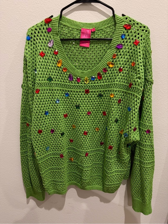 QUEEN OF SPARKLES Sweaters - Queen of Sparkles Green Multicolor Jeweled Open-Knit Sweater XL